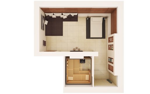 KLAFS Ideen Wellnessbereich: Grundriss Wellnessbereich zuhause, Sauna PREMIUM mit Q Paneelen Farblicht und InfraPLUS Sitz, SWAY und SONNENWIESE®